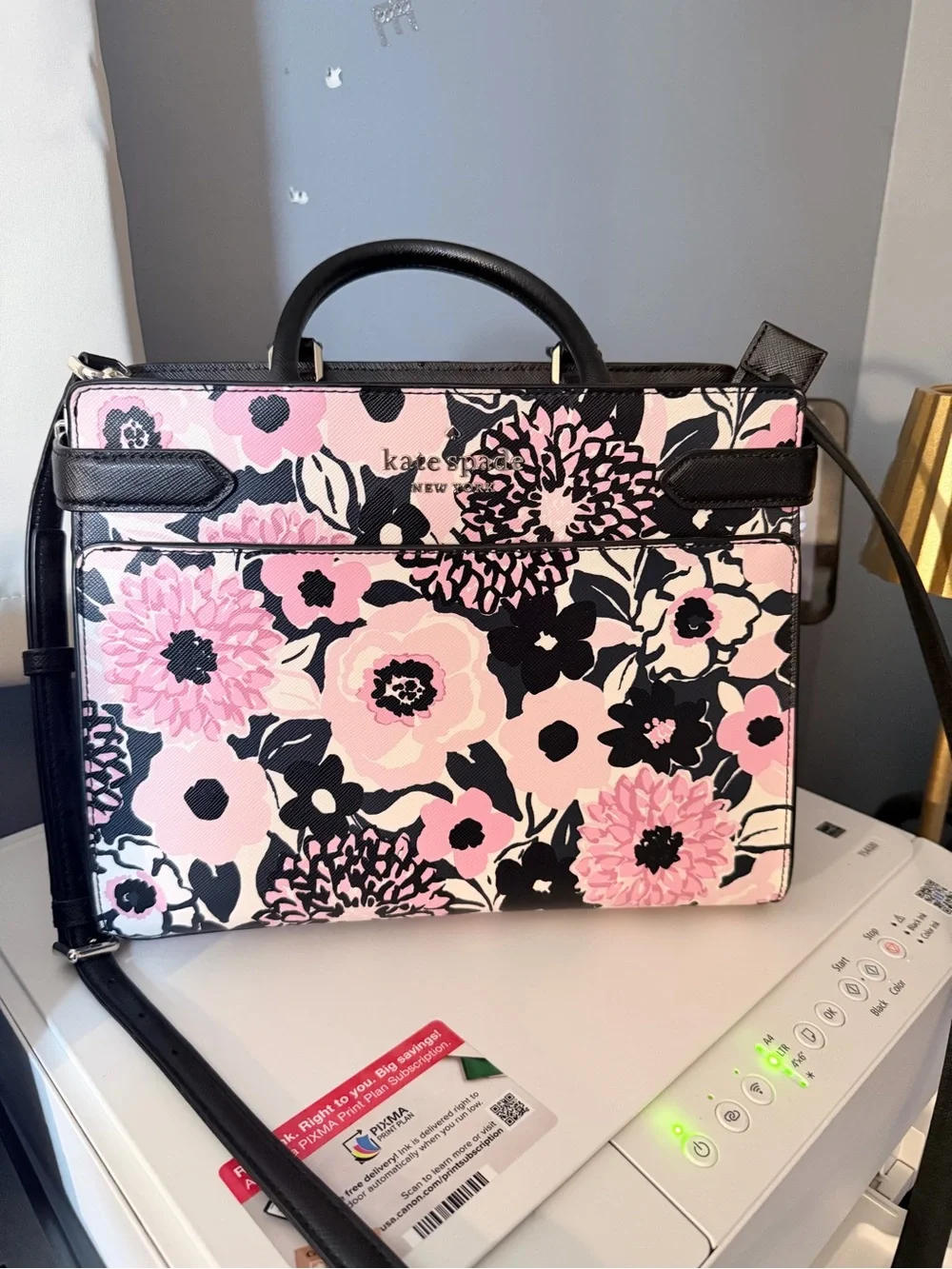 kate spade luxury Pink and Black Floral Laptop Satchel